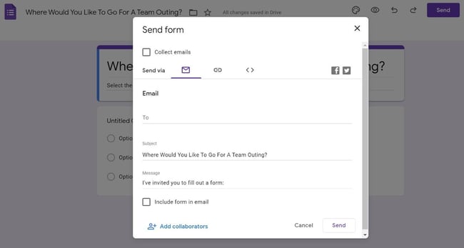 how to create a survey in google forms step 1: send to recipients